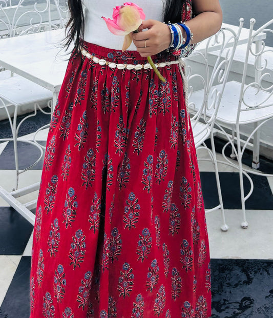 Handblock Printed Red Flared Skirt