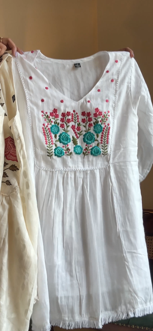 White Cotton Floral Embroidered Short Kurti