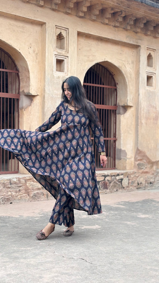 Elegant Indigo Block Print Anarkali Set with Red Dupatta