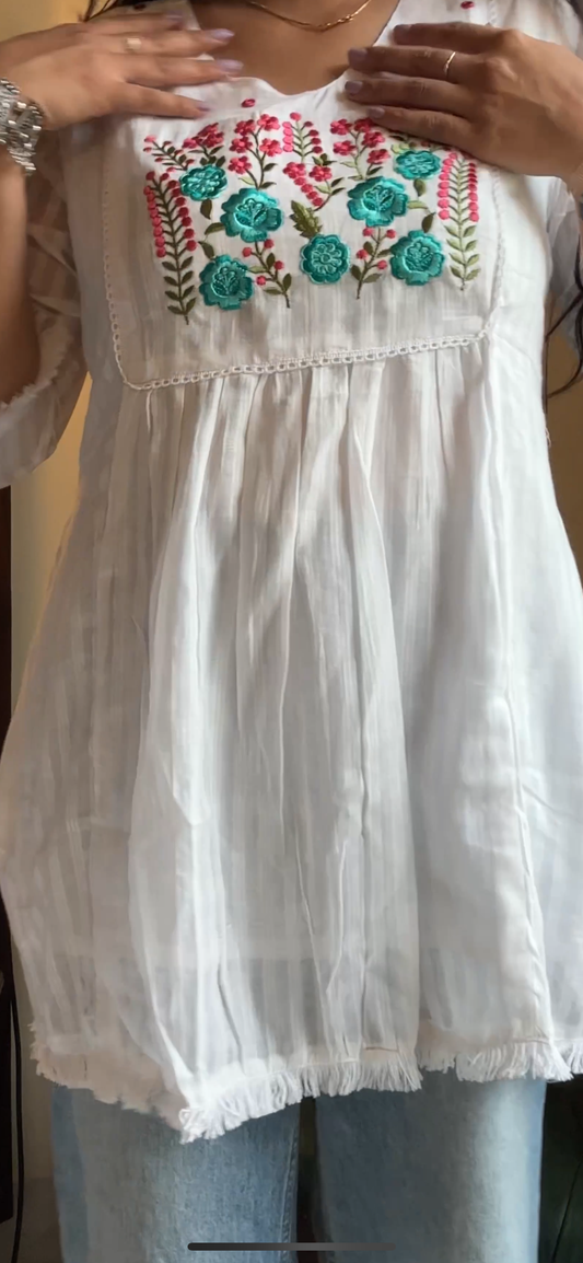 White Cotton Floral Embroidered Short Kurti