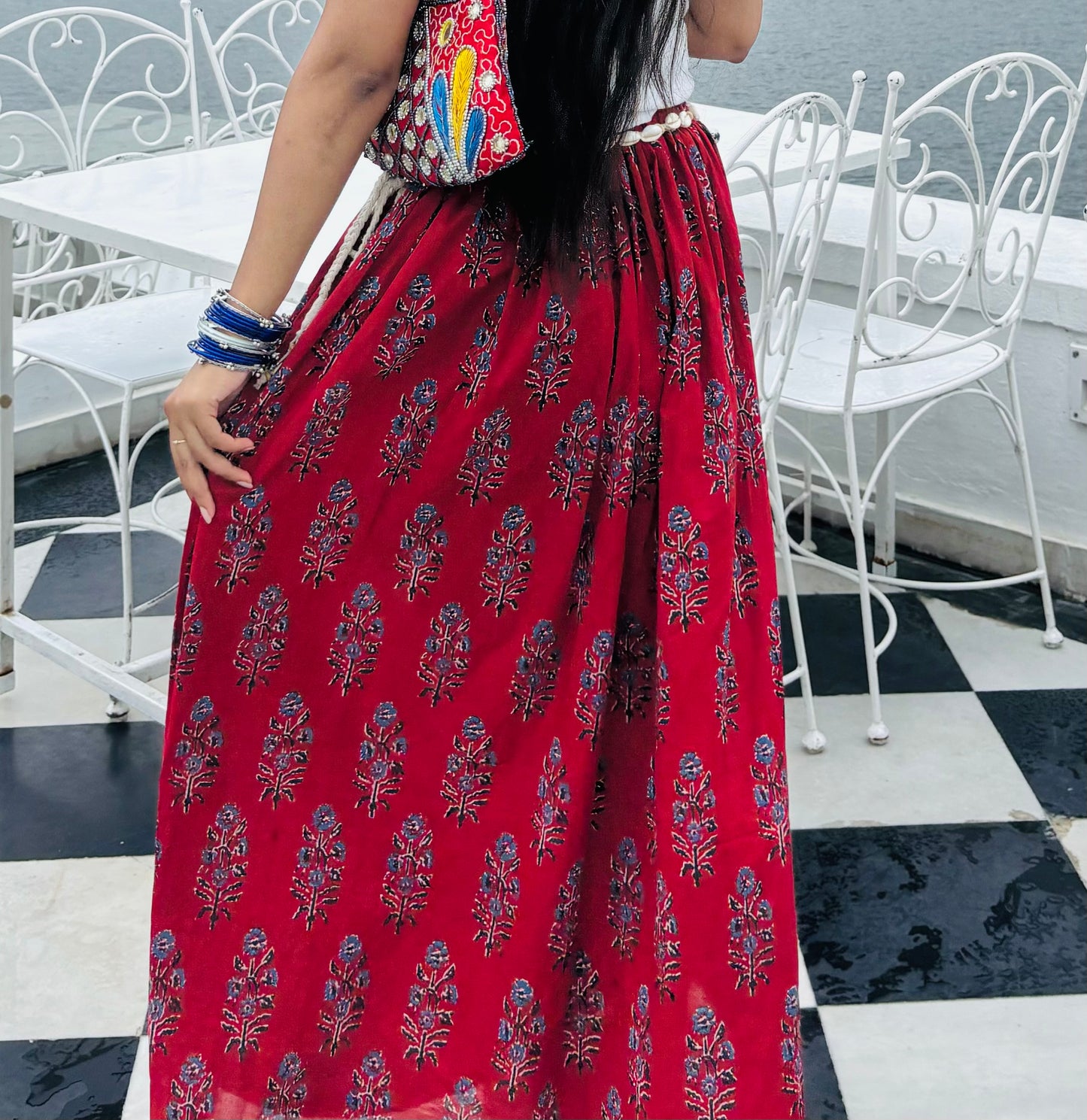 Handblock Printed Red Flared Skirt
