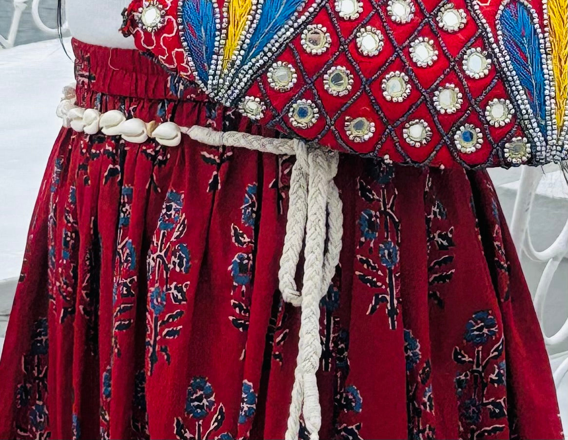 Handblock Printed Red Flared Skirt