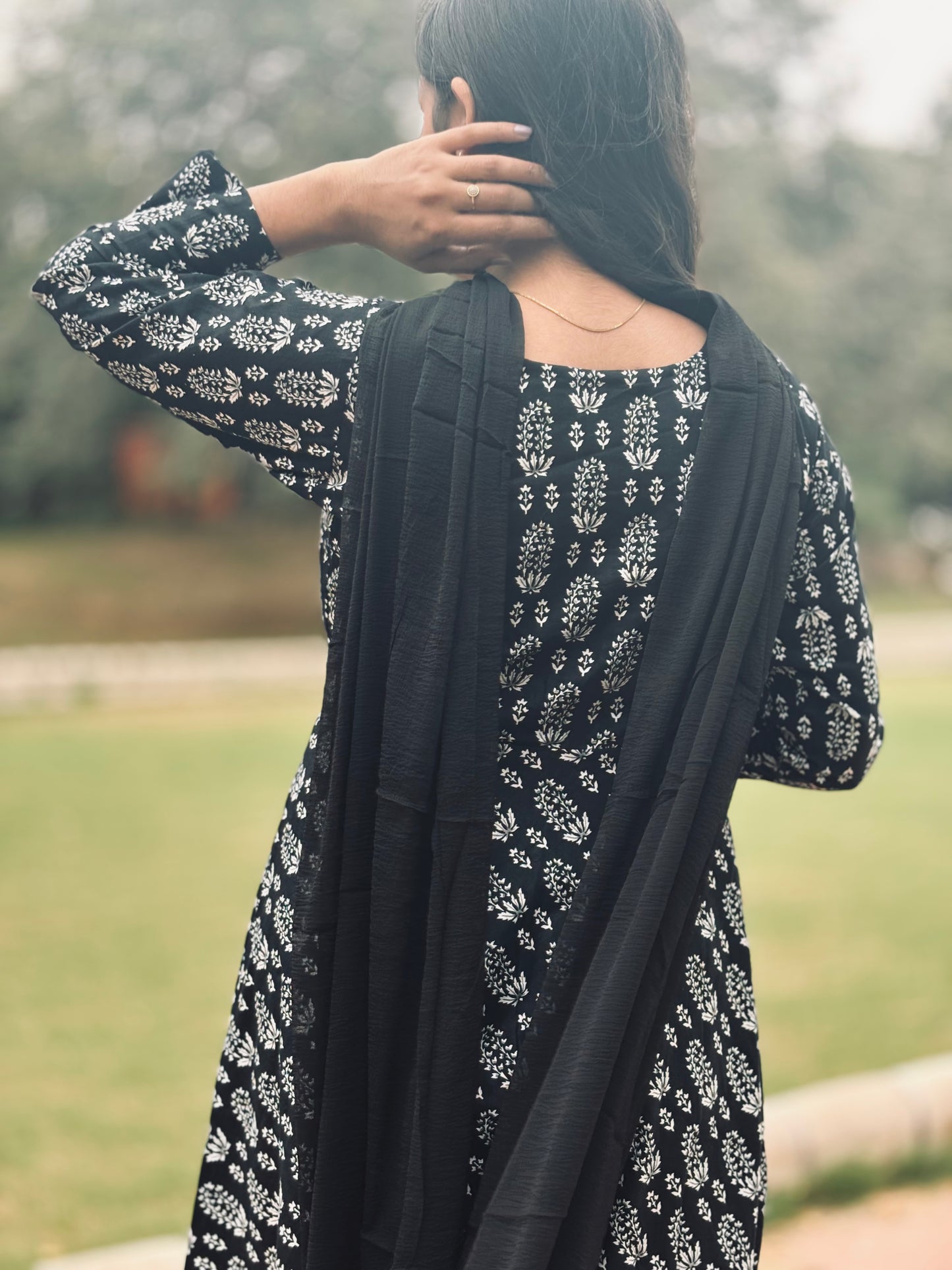 Black Handblock Cotton Kurta Set with Dupatta