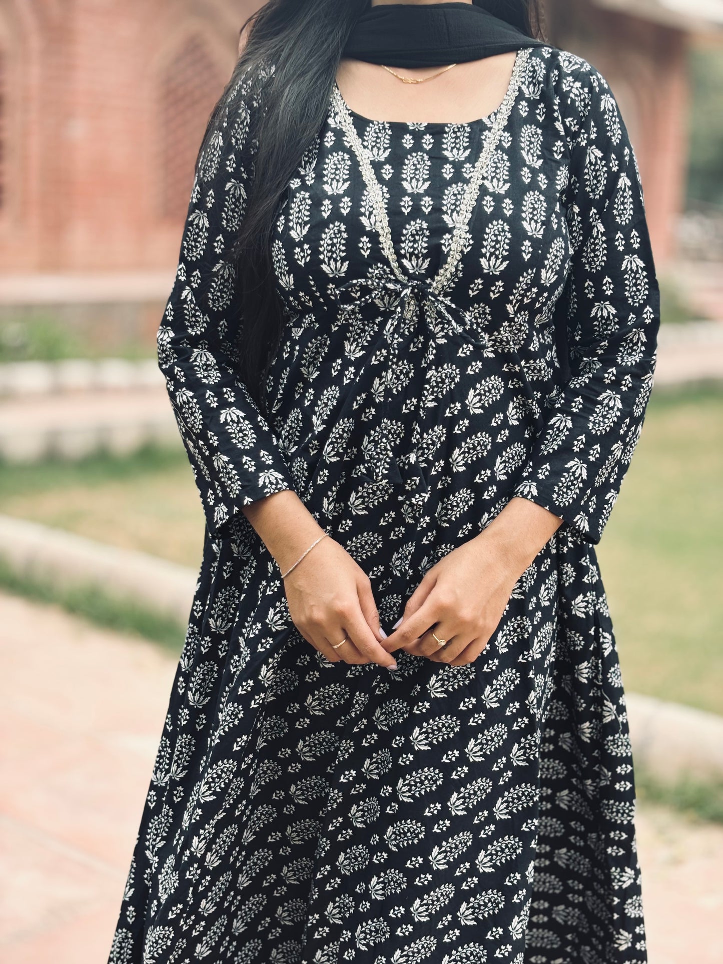 Black Handblock Cotton Kurta Set with Dupatta