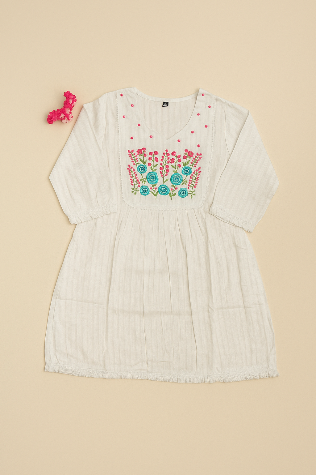 White Cotton Floral Embroidered Short Kurti