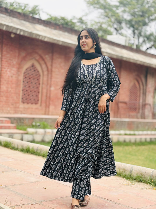 Black Handblock Cotton Kurta Set with Dupatta