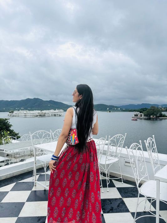 Handblock Printed Red Flared Skirt