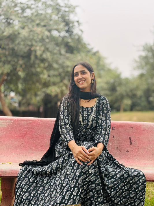 Black Handblock Cotton Kurta Set with Dupatta